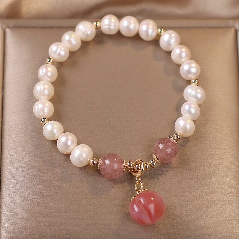 Bracciale con ciondolo a forma di cuore, amore, saggezza, perle naturali, quarzo fragola e pesca Buddha Stones
