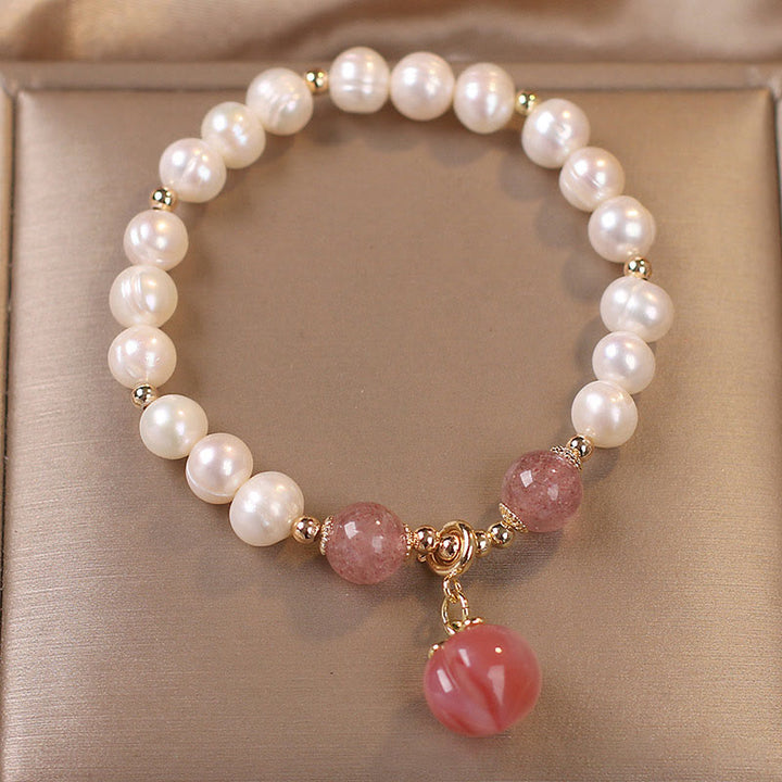 Bracciale con ciondolo a forma di cuore, amore, saggezza, perle naturali, quarzo fragola e pesca Buddha Stones
