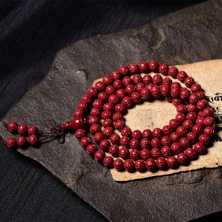 Buddha Stones 108 Mala Beads Cinnabar Om Mani Padme Hum Pattern Braccialetto di benedizione inciso