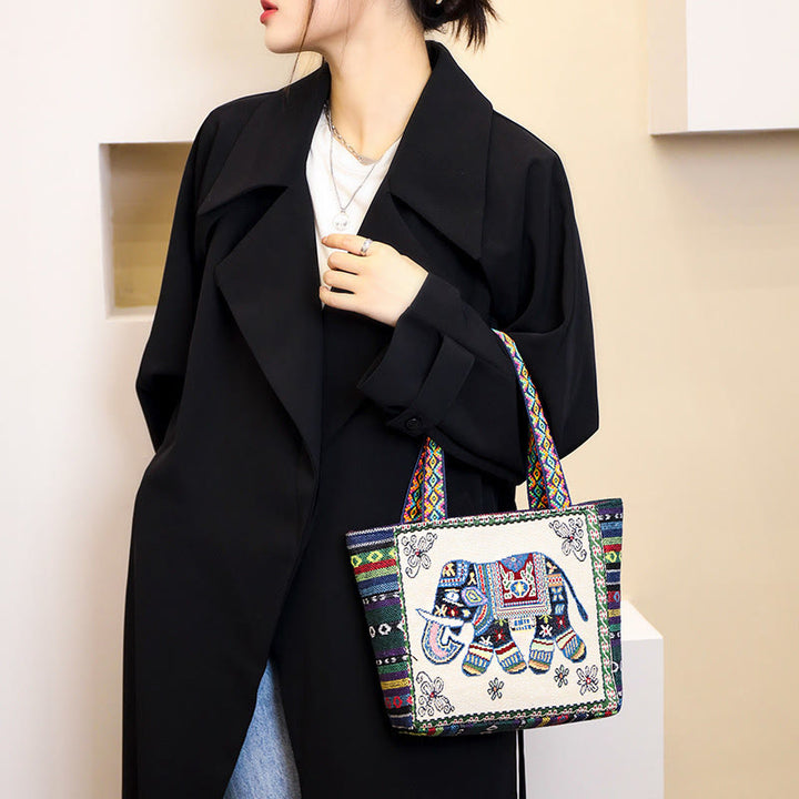 Borsa a tracolla in tela di grande capacità ricamata con elefante e farfalla , Buddha Stones