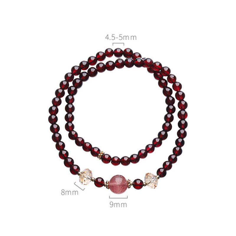 Bracciale Buddha Stones placcato oro 14K con quarzo fragola naturale e granato, stabilità a doppio giro