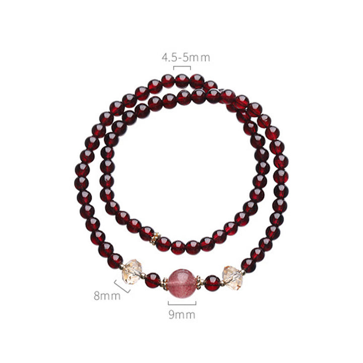 Bracciale Buddha Stones placcato oro 14K con quarzo fragola naturale e granato, stabilità a doppio giro