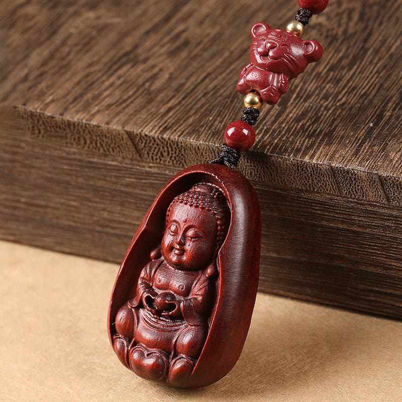 Buddha Stones Piccola foglia Sandalo rosso Buddha Cinabro Zodiaco cinese Amuleto Protezione Portachiavi
