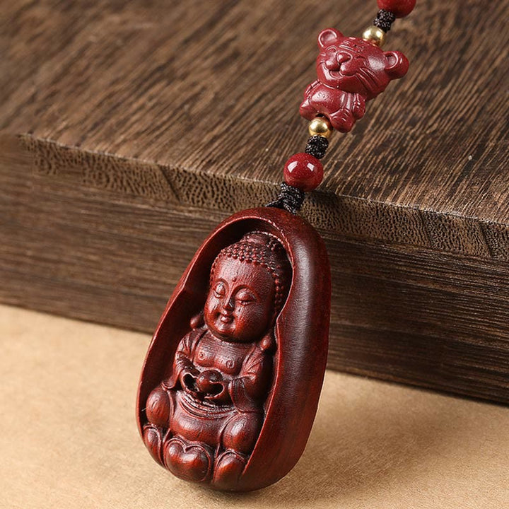 Buddha Stones Piccola foglia Sandalo rosso Buddha Cinabro Zodiaco cinese Amuleto Protezione Portachiavi