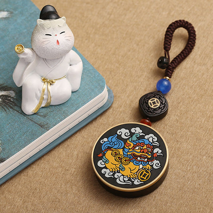Buddha Stones PiXiu Moneta di rame Legno di ebano Fortuna Attrarre Ricchezza Portachiavi Decorazione