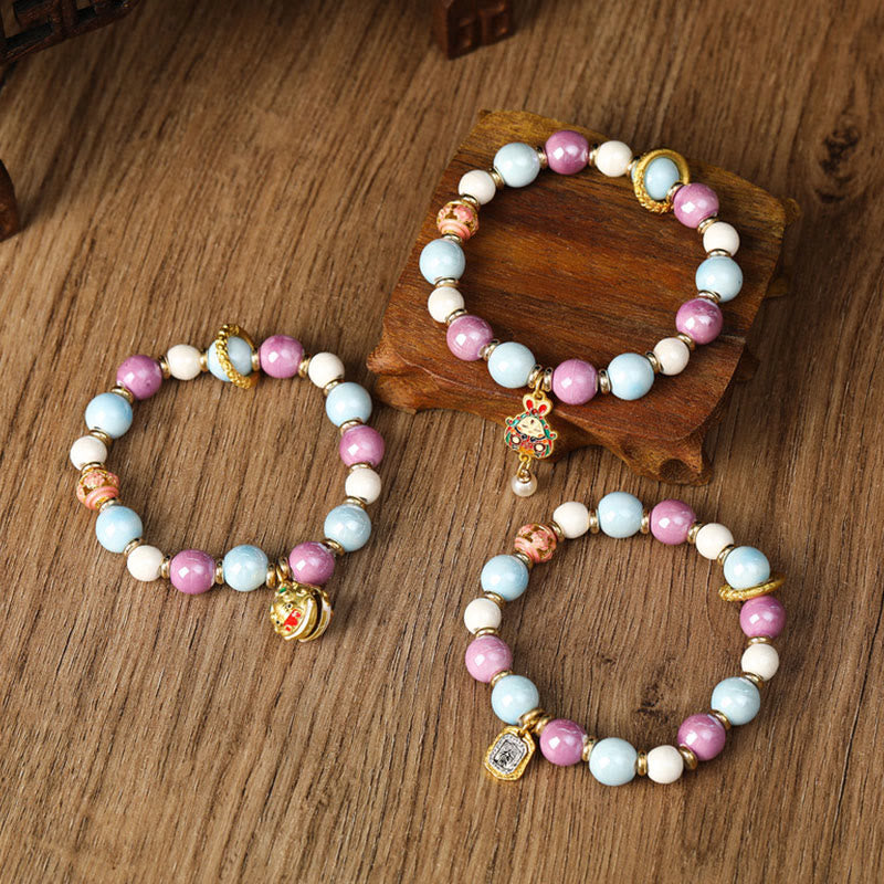 Buddha Stones Tibetano Zakiram Dea della Ricchezza Coniglio Testa di Leone Ciondolo Liuli Vetro Incenso Cenere Perline di Porcellana Braccialetto di Protezione