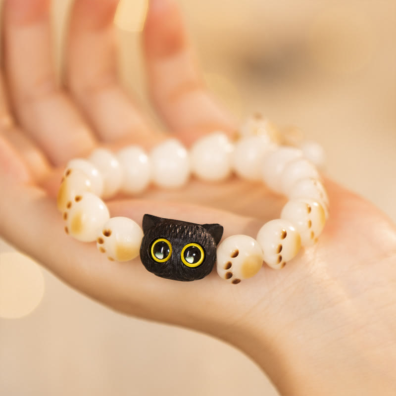 Buddha Stones Semi di Bodhi naturali Sandalo rosso Braccialetto della pace con zampa di gatto fortunato - Bodhi Seed&Cat (circonferenza del polso 14-16 cm) - image 1