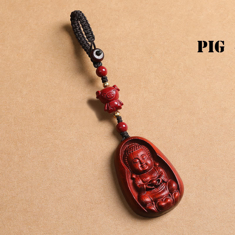 Buddha Stones Piccola foglia Sandalo rosso Buddha Cinabro Zodiaco cinese Amuleto Protezione Portachiavi