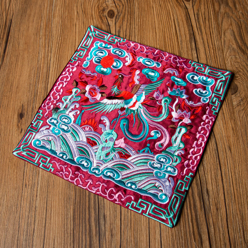 Buddha Stones Phoenix Dragon Kirin Ricamo Sottobicchiere per tazza da tè Sottobicchiere per tazza da tè Kung Fu