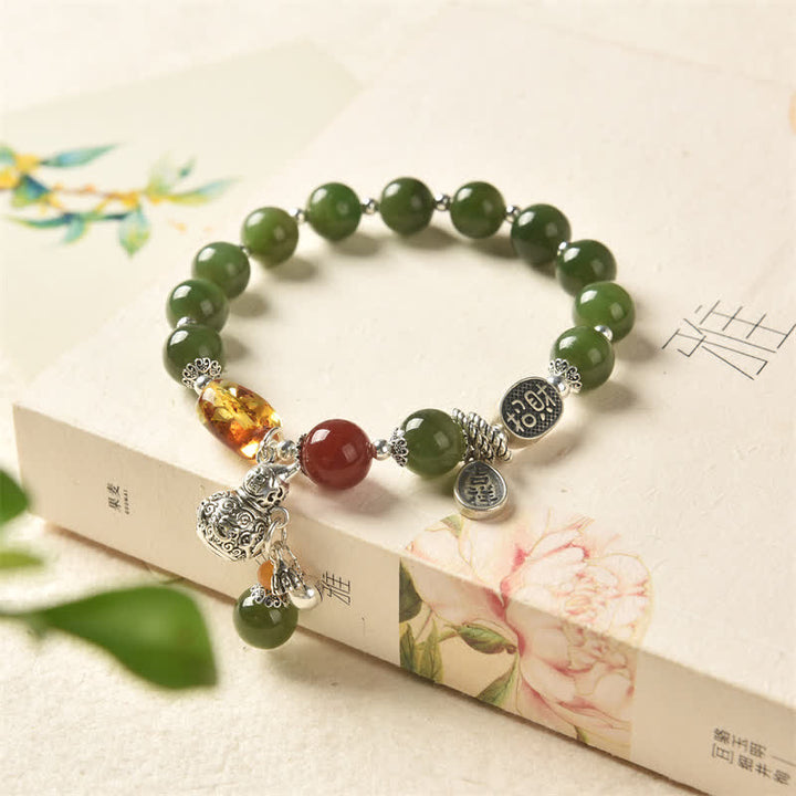 Bracciale Buddha Stones 925 Sterling Silver Hetian Cyan Jade Zucca Ambra Successo