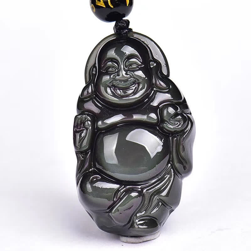Collana con ciondolo Buddha che ride in ossidiana arcobaleno naturale con pace interiore - image 14