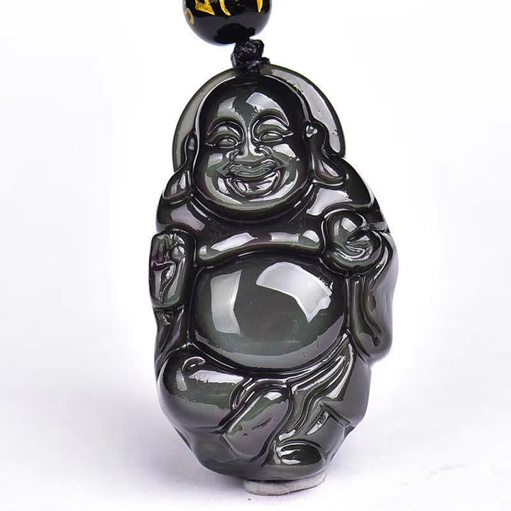 Collana con ciondolo Buddha che ride in ossidiana arcobaleno naturale con pace interiore - image 14