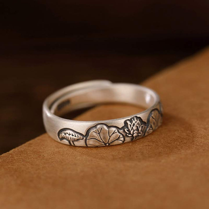 Anello Buddha Stones 999 Sterling Silver Lotus Peony Flower Enlightenment