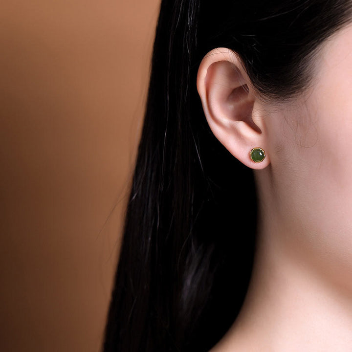 Orecchini a bottone con perline di giada ciano naturale Hetian in argento sterling 925 placcato oro Buddha Stones