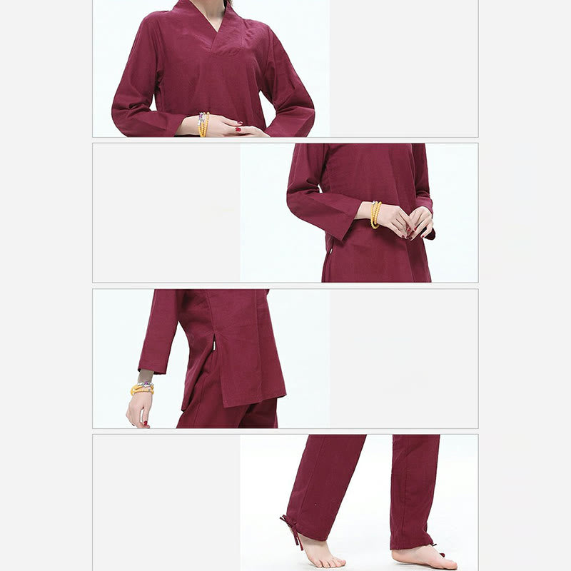 Buddha Stones Zen Pratica Yoga Meditazione Preghiera Scollo a V Design Uniforme Cotone Lino Abbigliamento Donna Set - image 4