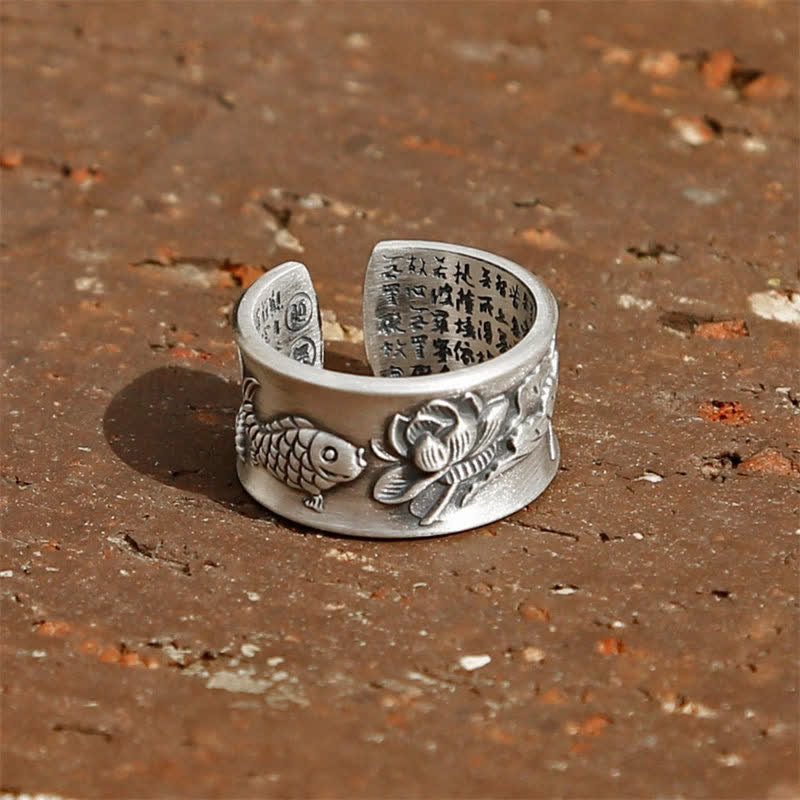 Anello Buddha Stones 999 Sterling Silver Luck Koi Fish Lotus Heart Sutra Wealth