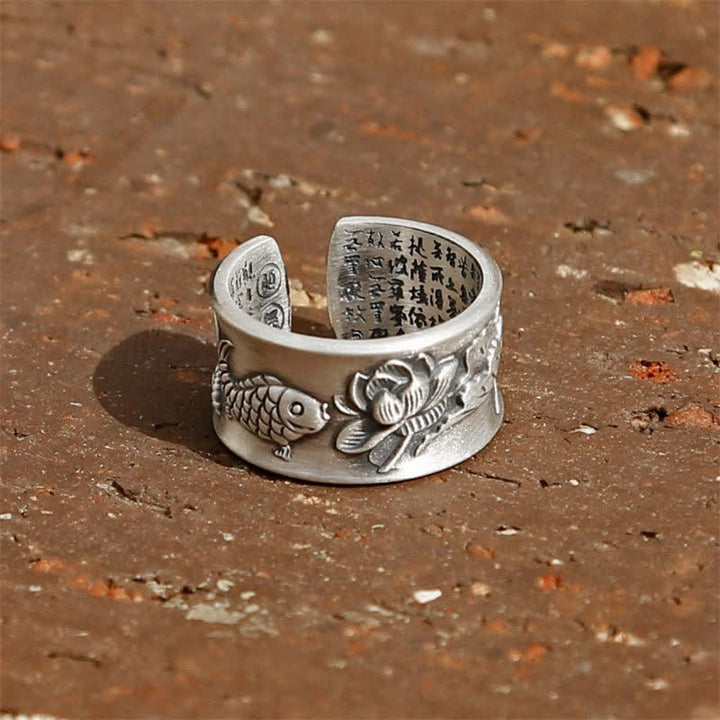 Anello Buddha Stones 999 Sterling Silver Luck Koi Fish Lotus Heart Sutra Wealth