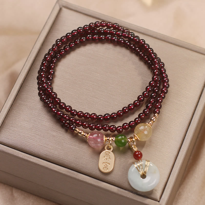 Buddha Stones Granato naturale Cristallo di quarzo fragola Volpe Koi Pesce Pace Fibbia Fortuna Protezione Braccialetto a triplo giro