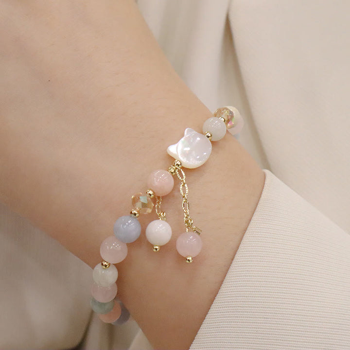 Braccialetto Buddha Stones Natural Strawberry Quartz Morganite Tridacna Stone Cat Love - Pietra di Morganite Tridacna Cat (circonferenza del polso 12-14 cm) - image 4