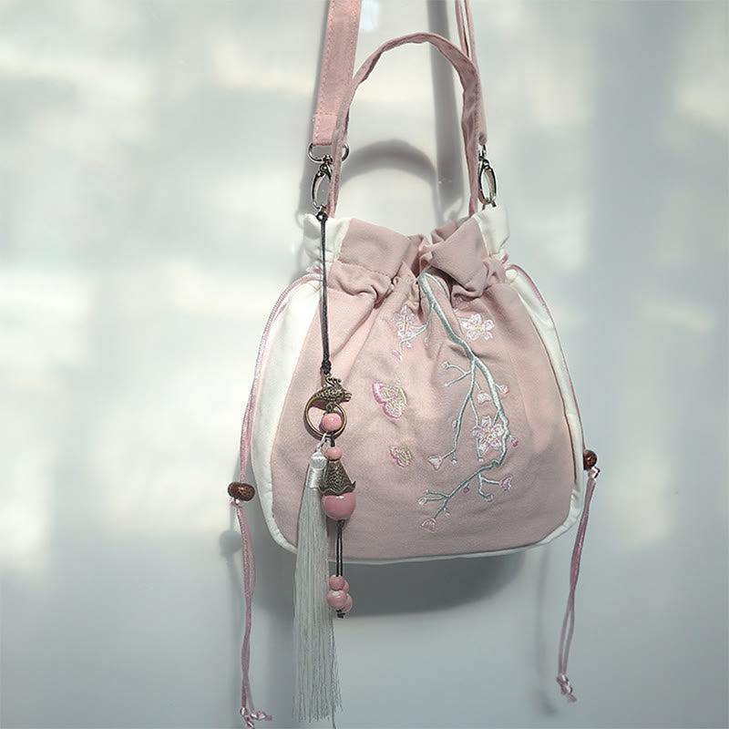 Borsa a tracolla in tela con fiori ricamati a mano con Buddha Stones