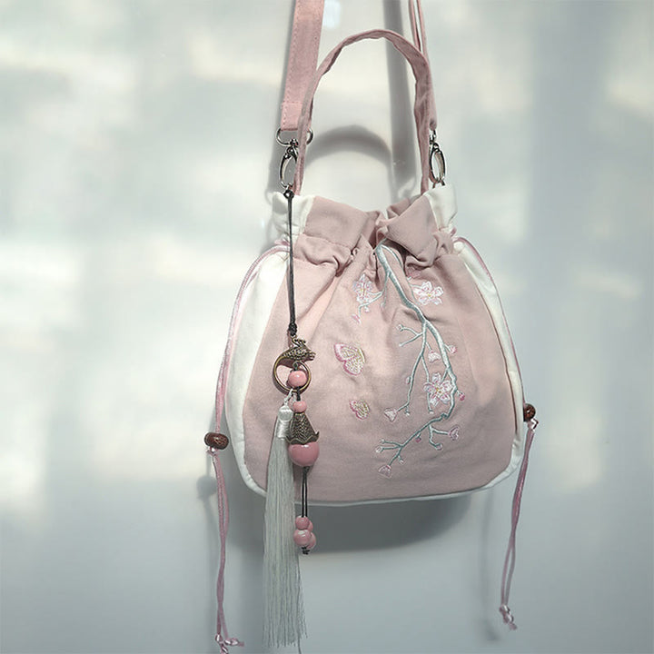 Borsa a tracolla in tela con fiori ricamati a mano con Buddha Stones