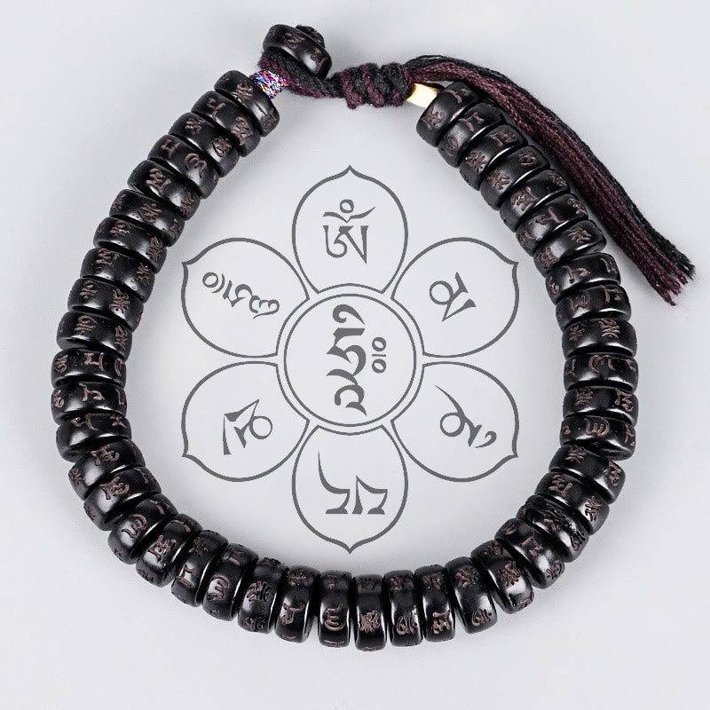 Buddha Stones Perline di guscio di cocco tibetano Braccialetto con corda positiva incisa Om Mani Padme Hum Mantra