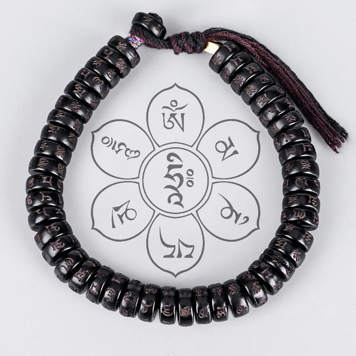 Buddha Stones Perline di guscio di cocco tibetano Braccialetto con corda positiva incisa Om Mani Padme Hum Mantra