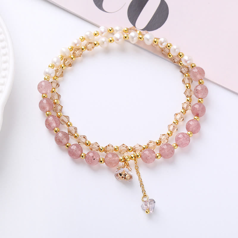 Braccialetto a doppio giro naturale con ametista, acquamarina, quarzo fragola, perla e guarigione della pace