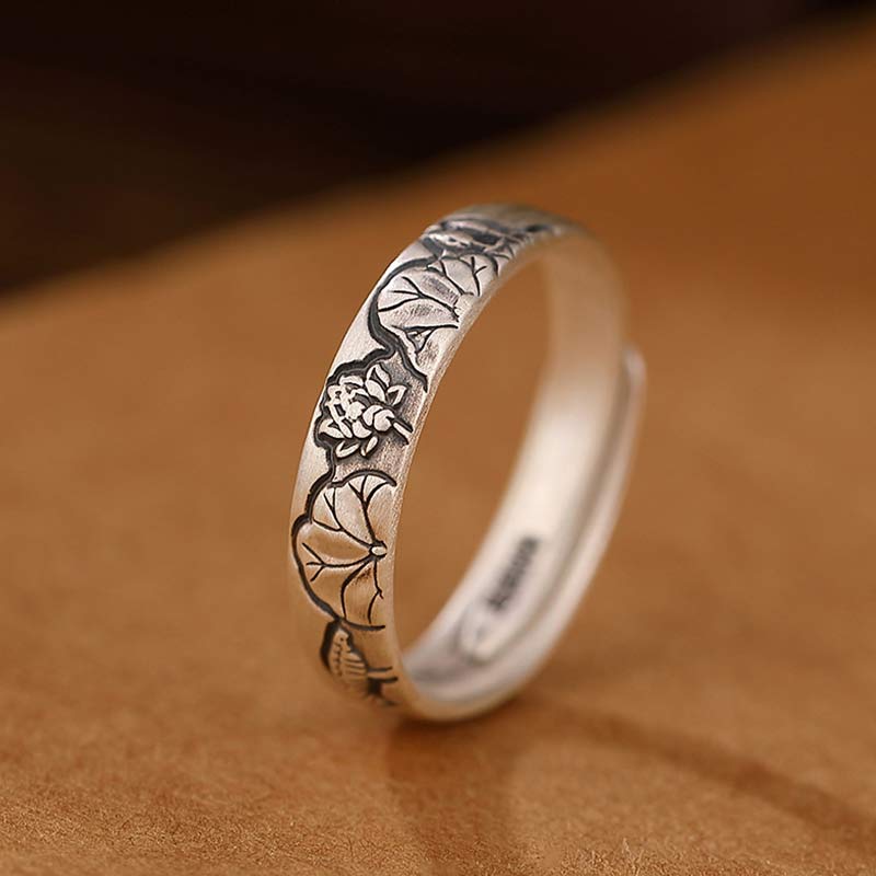 Anello Buddha Stones 999 Sterling Silver Lotus Peony Flower Enlightenment