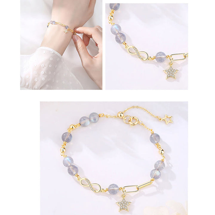 Buddha Stones 14K placcato oro naturale quarzo fragola pietra di luna Möbius Loop Eternal Love Star Bracciale positivo