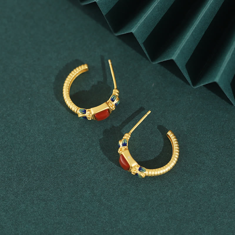 Orecchini a bottone in argento sterling 925 con agata rossa e loto, fiducia e calma