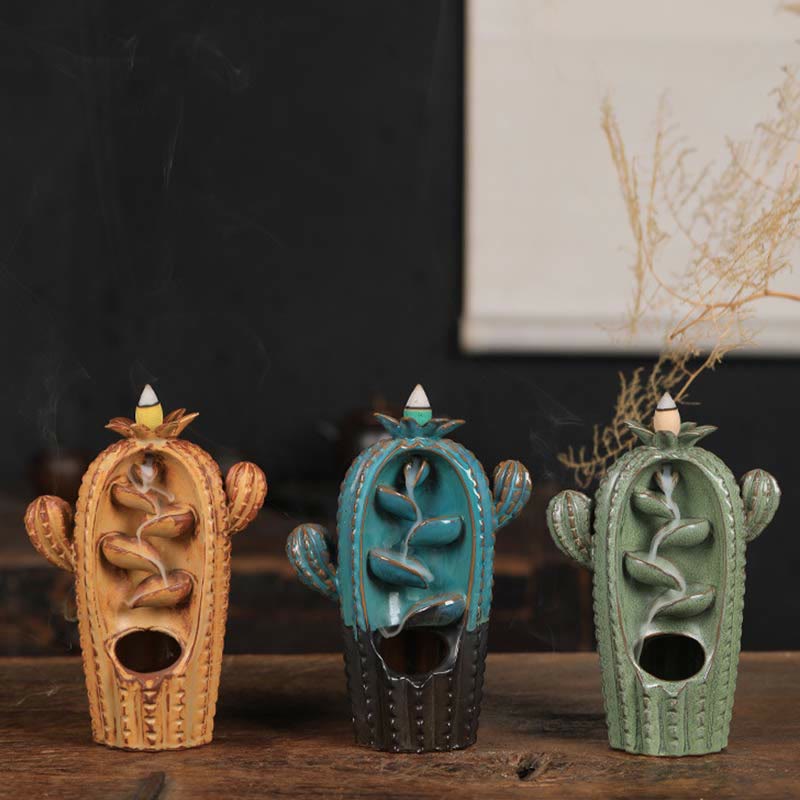 Bruciatore di incenso con fontana di fumo a riflusso curativo in ceramica di cactus