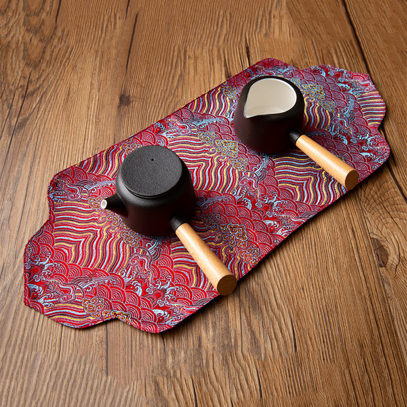 Buddha Stones Sea Wave Bamboo Plum Blossom Broccato Ricamo Sottobicchiere per tazza da tè Kung Fu Tappetino da tè