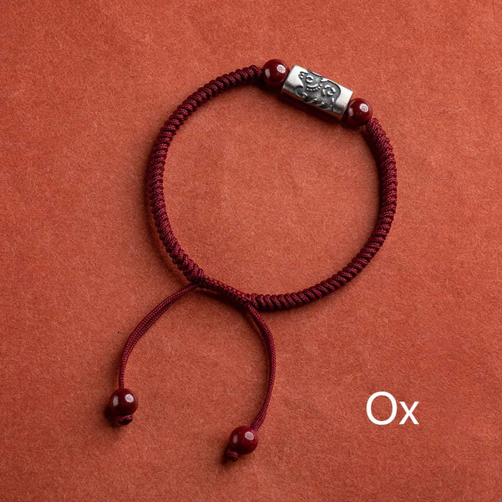 Braccialetto in corda di cinabro con 12 segni zodiacali cinesi in argento sterling 925 Buddha Stones