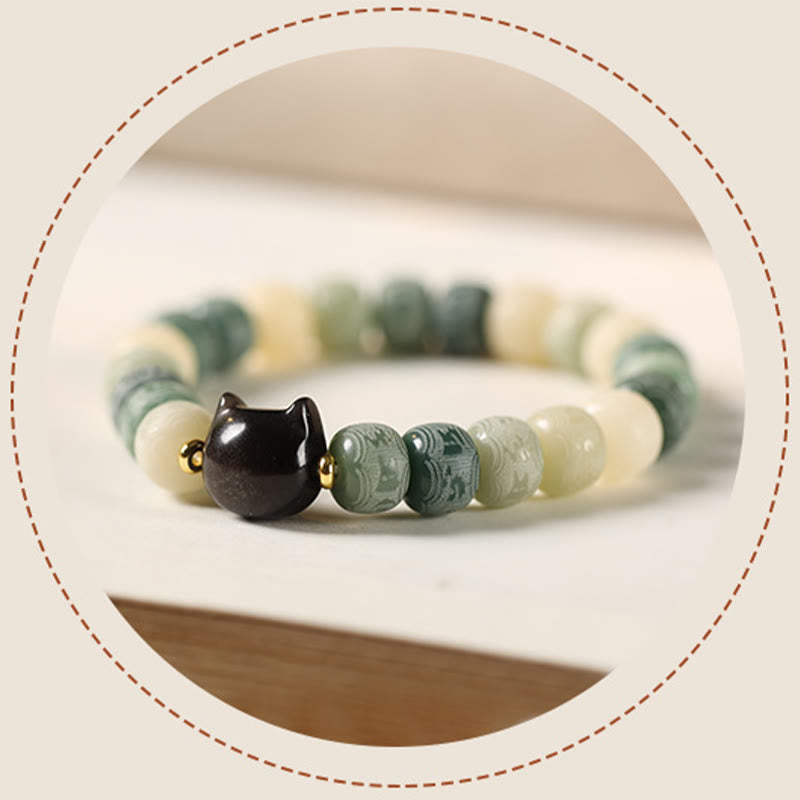 Buddha Stones Semi di Bodhi Argento Lucentezza Ossidiana Testa di Gatto Om Mani Padme Hum Braccialetto Armonia Inciso - image 13