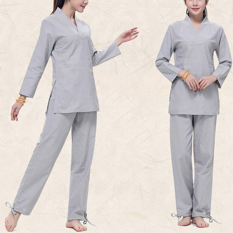 Buddha Stones Zen Pratica Yoga Meditazione Preghiera Scollo a V Design Uniforme Cotone Lino Abbigliamento Donna Set - image 7