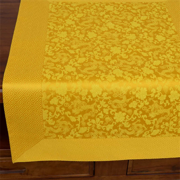 Tappetino jacquard con motivo a drago e fiori per altare di preghiera, simboli tibetani di buon auspicio