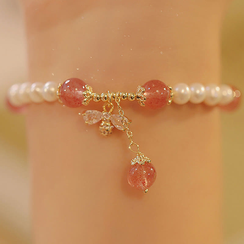 Braccialetto con ciondolo ape carino con perle naturali e quarzo fragola Buddha Stones