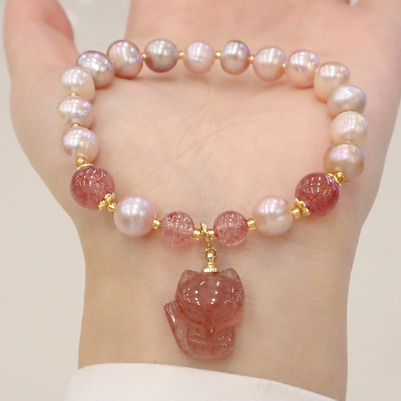 Braccialetto con ciondolo guarigione amore volpe carina perla naturale quarzo fragola Buddha Stones