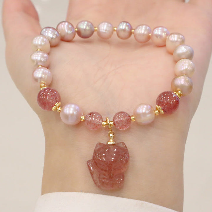Braccialetto con ciondolo guarigione amore volpe carina perla naturale quarzo fragola Buddha Stones