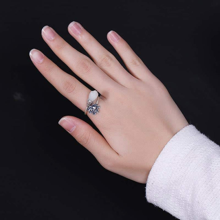 Anello regolabile Buddha Stones, giada, loto, rame, equilibrio, guarigione