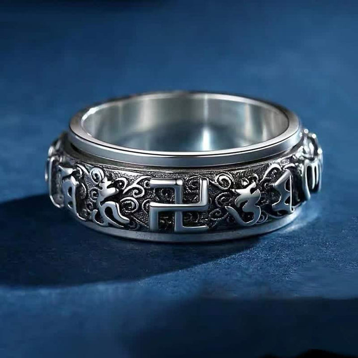 Buddha Stones Sei parole vere Svastica Anello girevole curativo in rame