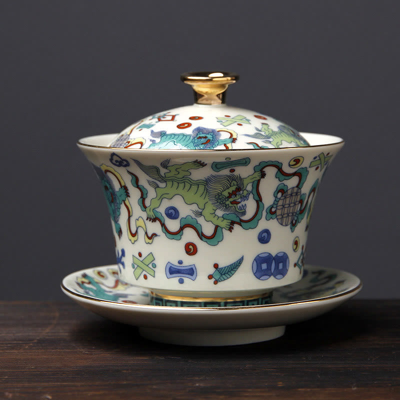 Buddha Stones Retro Prugna Fiore Pino Bambù Fenice Kirin Ceramica Gaiwan Sancai Tazza da tè Kung Fu Tazza da tè e piattino con coperchio