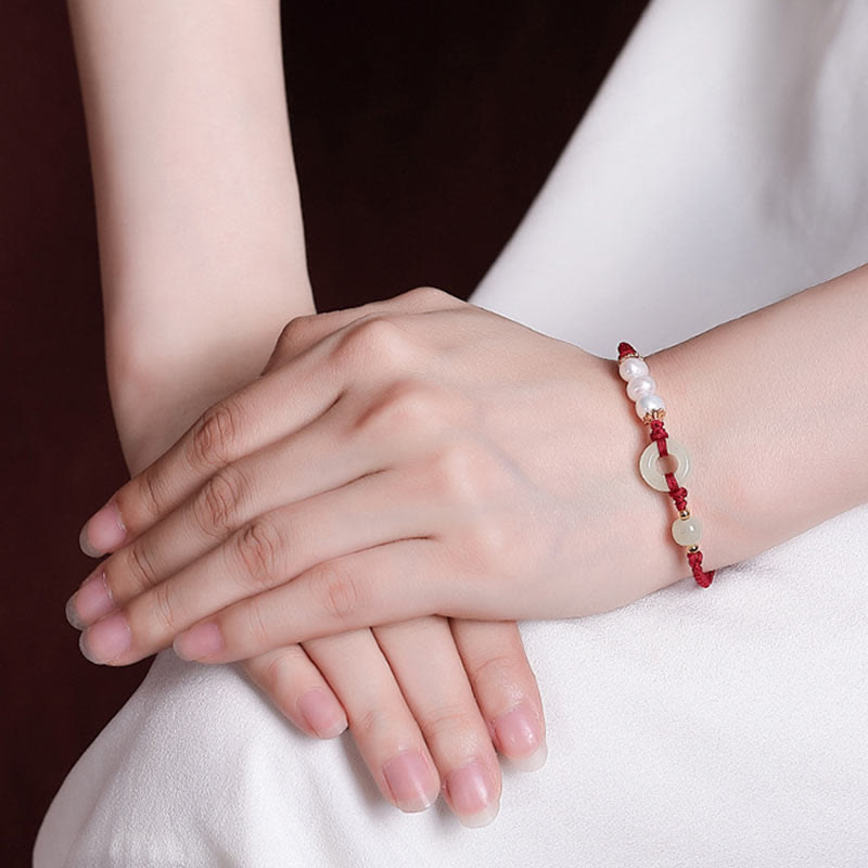 Bracciale Buddha Stones 925 Sterling Silver placcato oro Hetian Jade Peace Buckle Pearl Luck