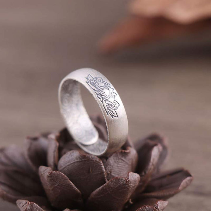 Anello di benedizione Buddha Stones 999 Sterling Silver Lotus Elephant Six True Words