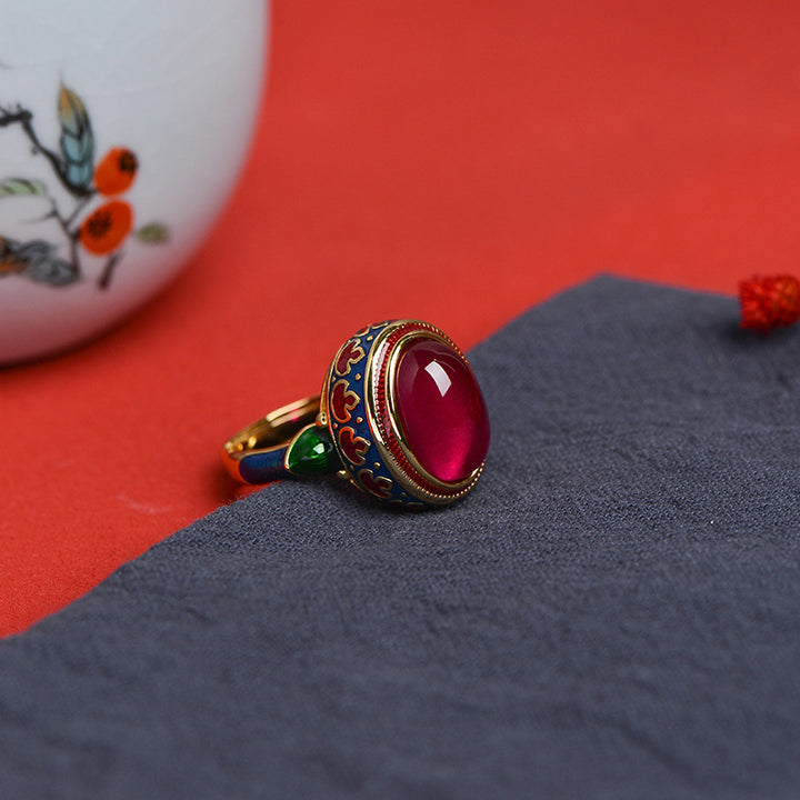 Anello Buddha Stones 925 Sterling Silver Corindone Rosso Coraggio