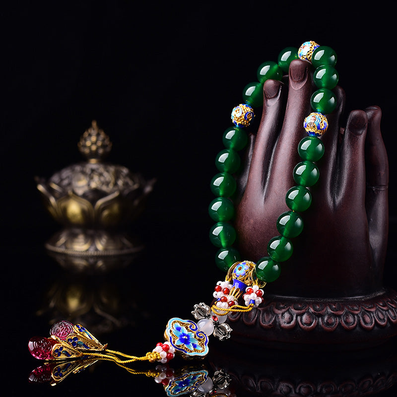 Buddha Stones Agata verde naturale Mala da polso Mala tascabile con ciondolo di successo Decorazione per auto
