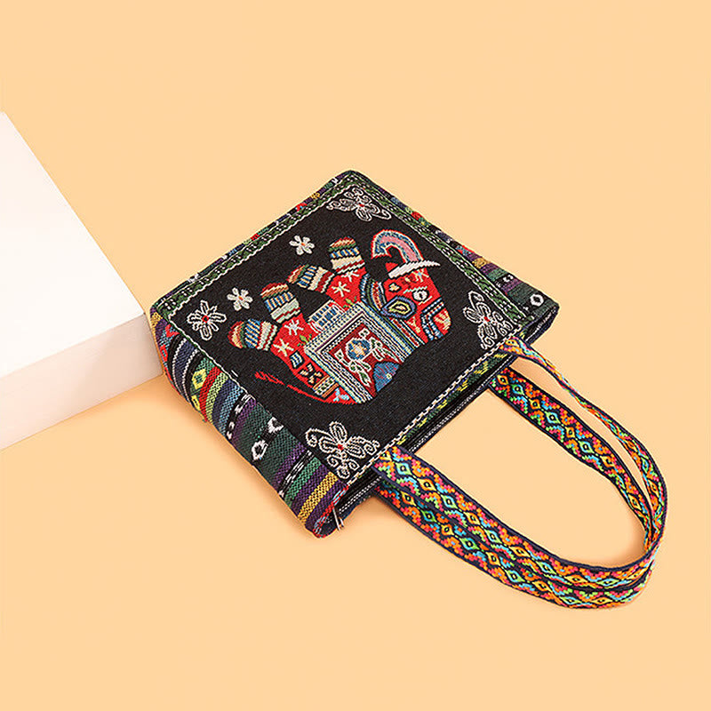 Borsa a tracolla in tela di grande capacità ricamata con elefante e farfalla , Buddha Stones