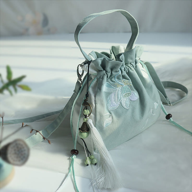 Borsa a tracolla in tela con fiori ricamati a mano con Buddha Stones