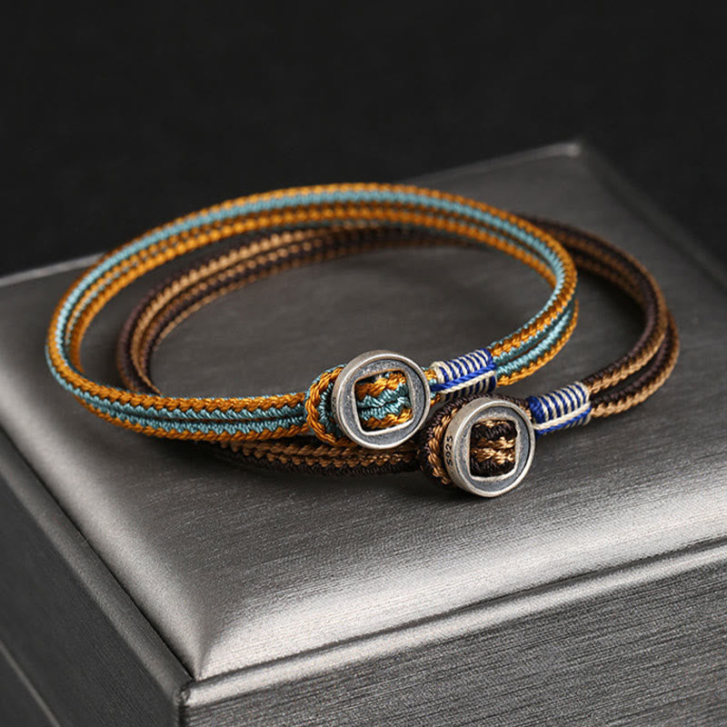Braccialetto con cordino intrecciato di protezione con bottone fatto a mano in argento sterling 925 Buddha Stones